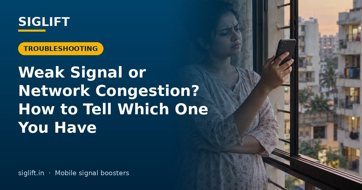 Woman checking weak phone signal at her flat window: Weak Signal or Network Congestion? How to Tell Which One You Have